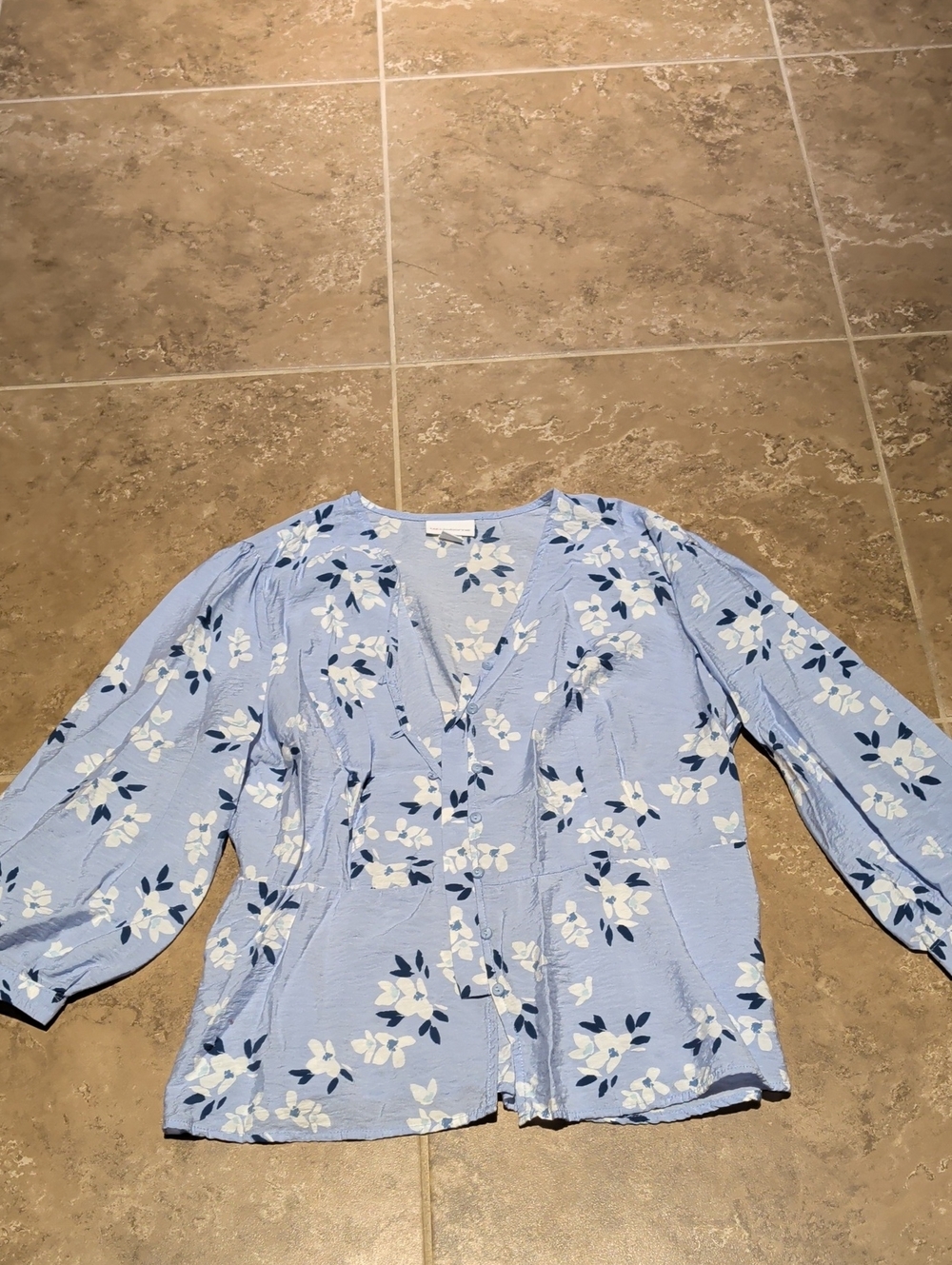 Liz Claiborne Light Blue Floral V-Neck Blouse